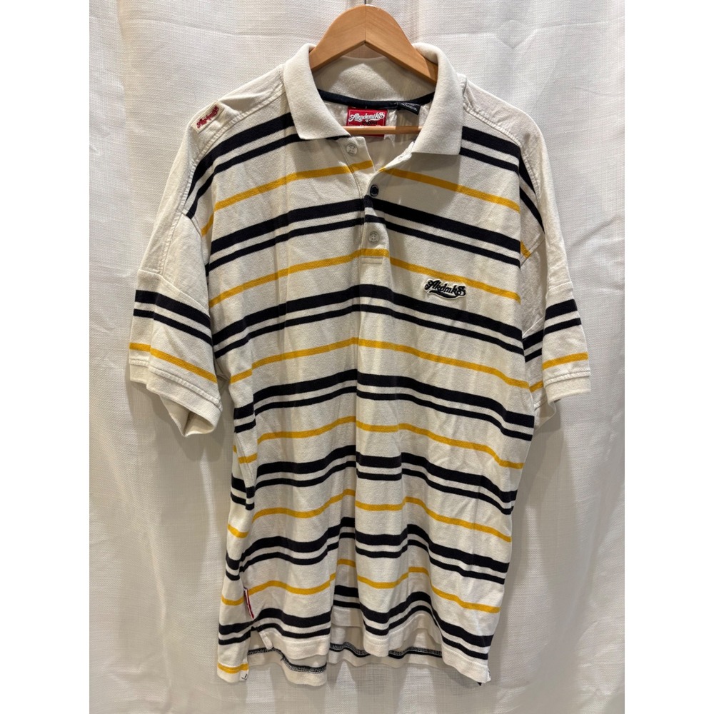 Akademiks Mens XL Striped Polo Shirt White Black‎ Yellow Short Sleeve Streetwear